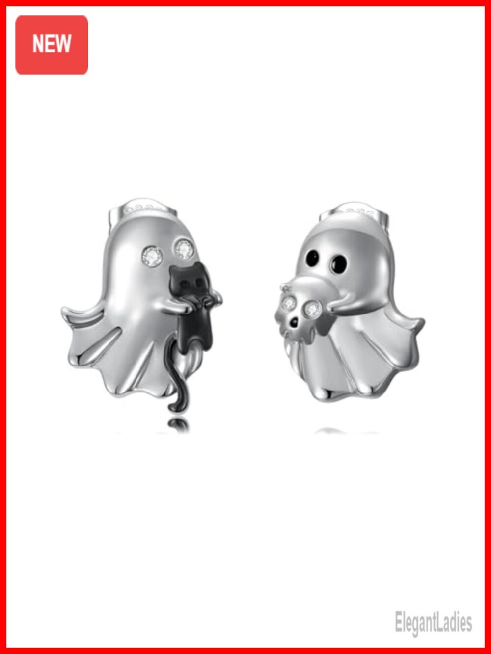 925 Sterling Silver Ghost Cat Skull Stud Earrings Lab Grown Diamond Halloween